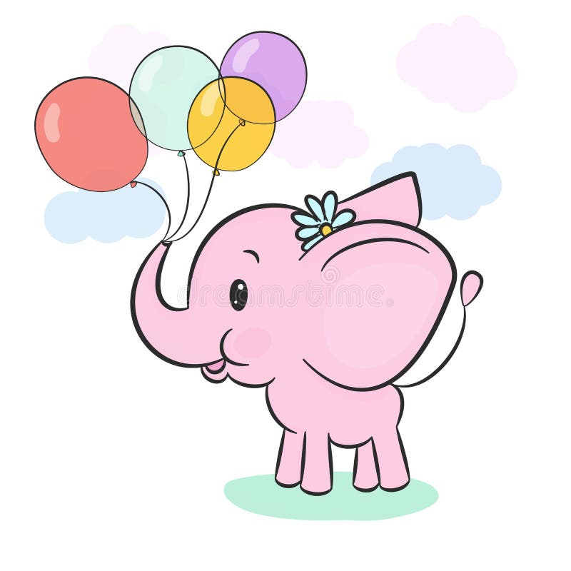 Gulliga rosa färger behandla som ett barn elefanten som rymmer ballonger i stam på tecknad filmbakgrund med pastellfärgade moln o vektor illustrationer