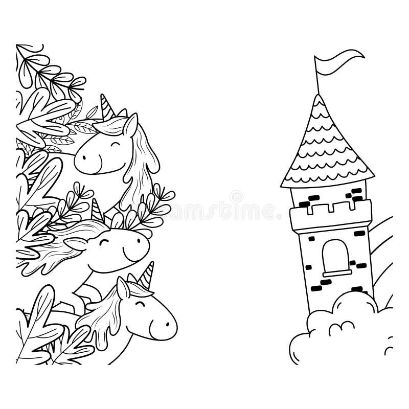 Gulliga sagaenhörningar med blom- garnering och slotten vektor illustrationer Gulliga sagaenhörningar med blom- garnering och slotten vektor illustrationer