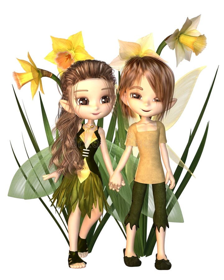 Gulliga Toon Daffodil Fairy Boy och flicka vektor illustrationer Gulliga Toon Daffodil Fairy Boy och flicka vektor illustrationer