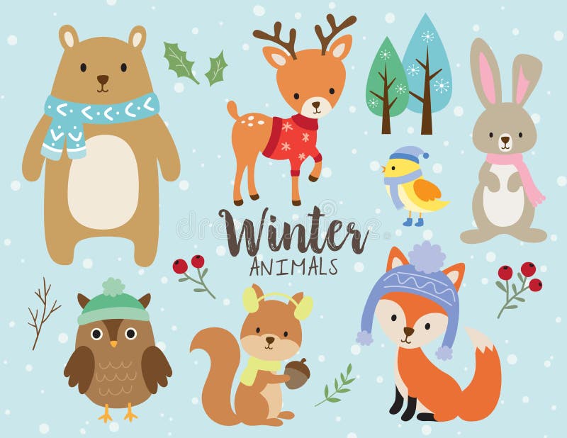 Gulliga vinterdjur med snöbakgrundsvektorn vektor illustrationer