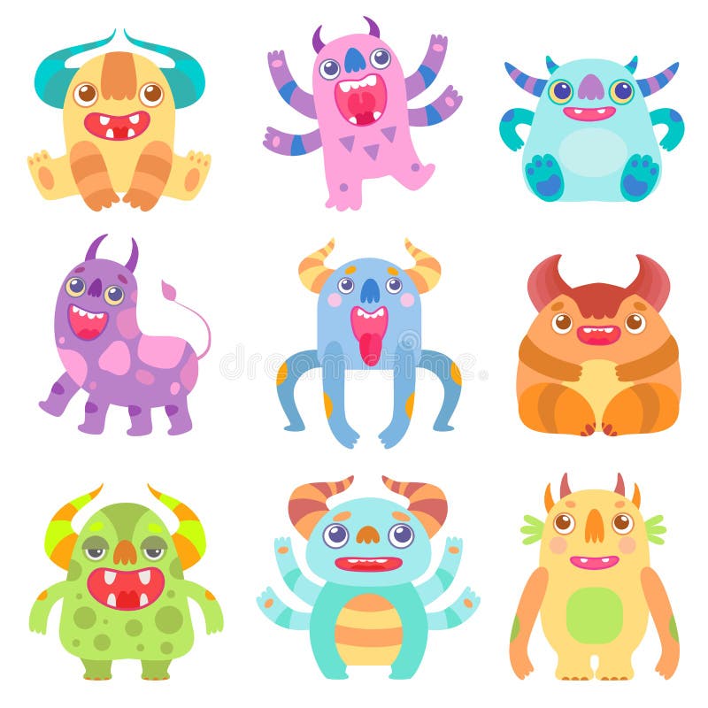 Gulliga vänliga monster med horn, vänlig rolig illustration för vektor för varelser för främlingtecknad filmtecken fantasti royaltyfri illustrationer Gulliga vänliga monster med horn, vänlig rolig illustration för vektor för varelser för främlingtecknad filmtecken fantasti royaltyfri illustrationer