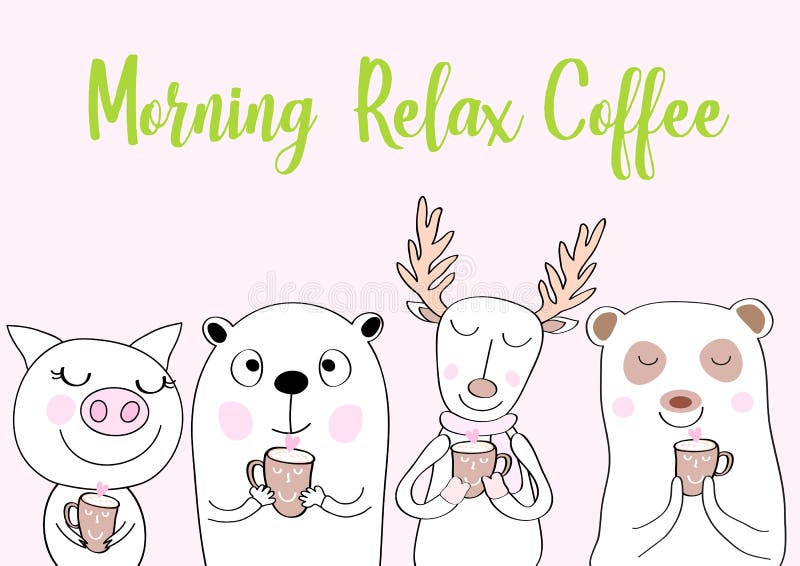 Gulligt av det fastställda svinet för tecknade filmen, björnen, raindeerdjur ställ in med koppen kaffe stock illustrationer Gulligt av det fastställda svinet för tecknade filmen, björnen, raindeerdjur ställ in med koppen kaffe stock illustrationer