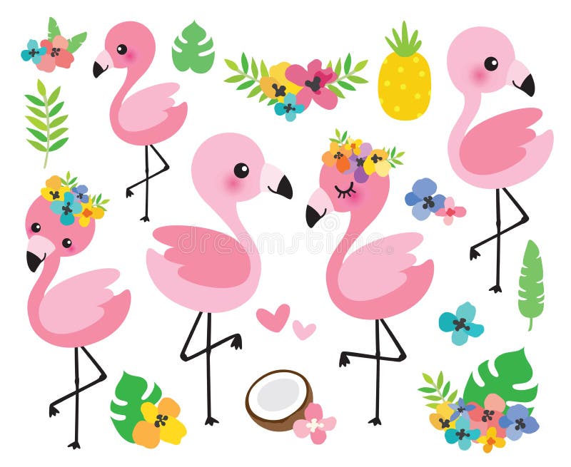 Gulligt behandla som ett barn flamingo och den tropiska blommavektorillustrationen vektor illustrationer Gulligt behandla som ett barn flamingo och den tropiska blommavektorillustrationen vektor illustrationer