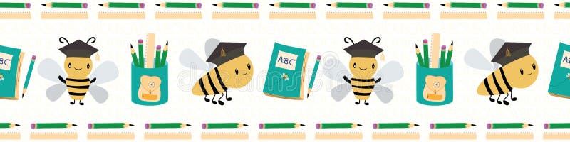 Gulligt gå tillbaka till skolagränsen med bin, böcker och blyertspennor Sömlös vektormodell på vit texturerad bakgrund stock illustrationer Gulligt gå tillbaka till skolagränsen med bin, böcker och blyertspennor Sömlös vektormodell på vit texturerad bakgrund stock illustrationer