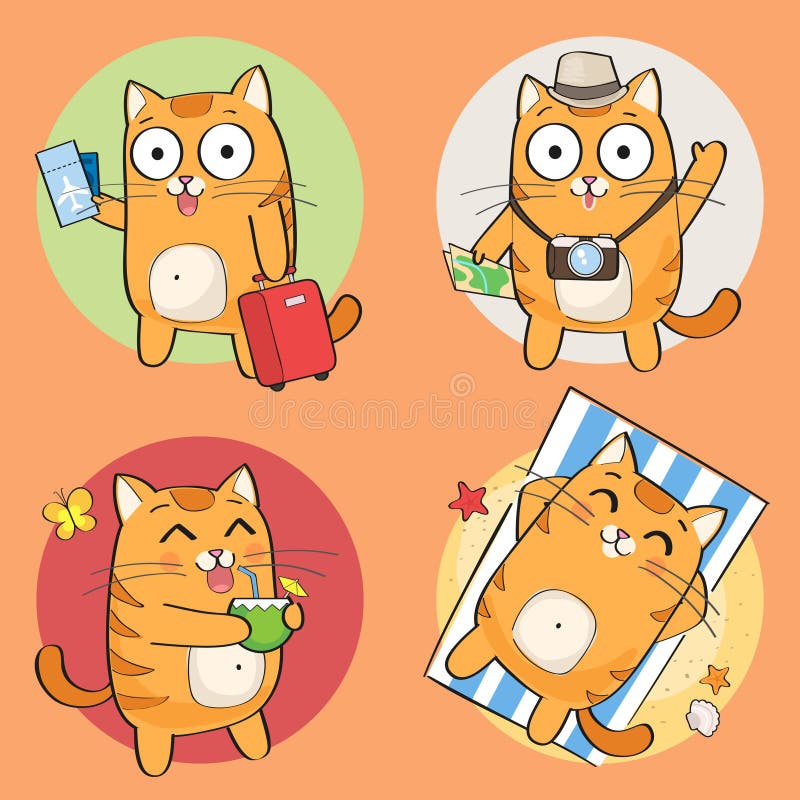 Gulligt katttecken på sommarsemester stock illustrationer Gulligt katttecken på sommarsemester stock illustrationer