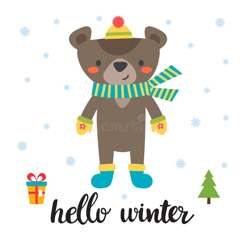 Gulligt kort med den lilla björnen Hello övervintrar Juldesign för affischen vektor illustrationer