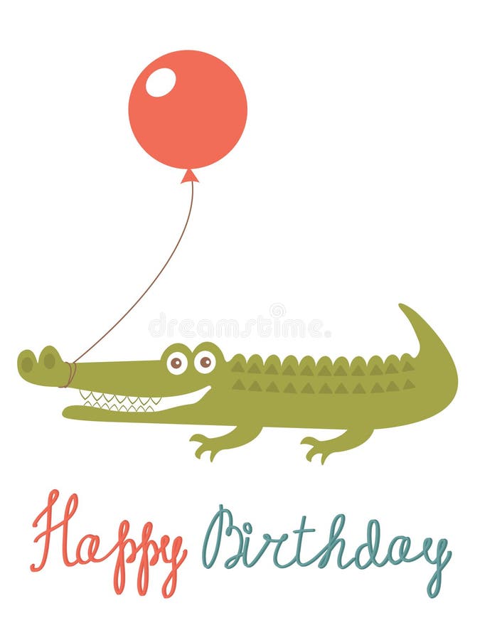 Cute Happy birthday card with alligator holding balloon. Cute Happy birthday card with alligator holding balloon