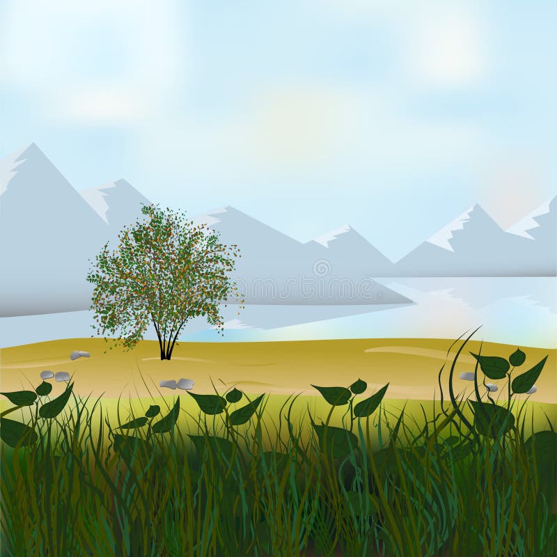 Gulligt plant landskap för vektor med den berg-, skog-, sjö- och molnillustrationen stock illustrationer Gulligt plant landskap för vektor med den berg-, skog-, sjö- och molnillustrationen stock illustrationer