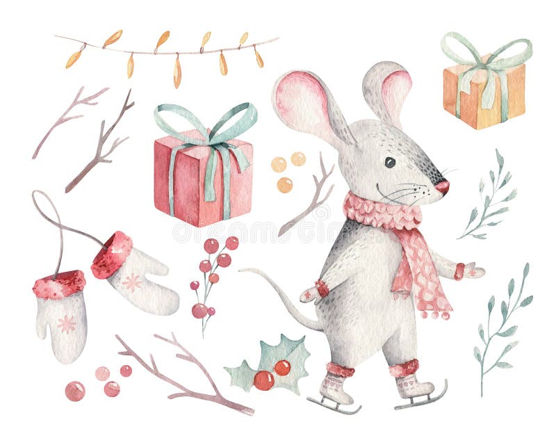 Gulligt roligt kort för jul för tecknad filmjulmus Vattenfärghand som dras för att tjalla den djura illustrationen Ferie för nytt fotografering för bildbyråer Gulligt roligt kort för jul för tecknad filmjulmus Vattenfärghand som dras för att tjalla den djura illustrationen Ferie för nytt fotografering för bildbyråer