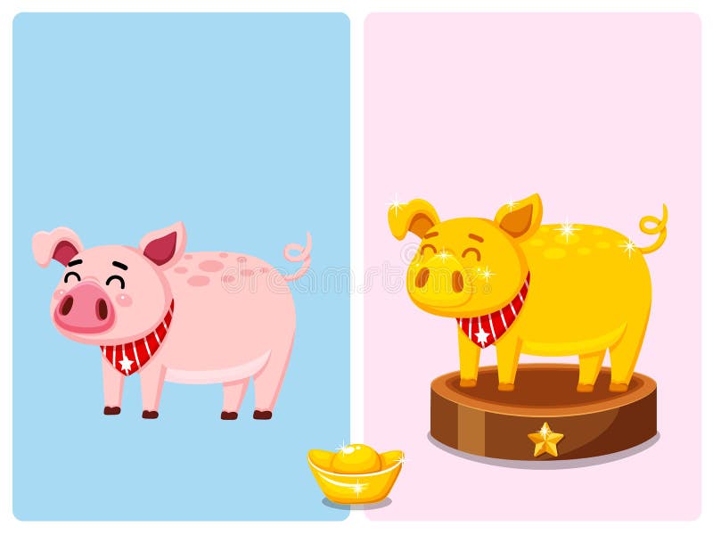 Gulligt rosa fett svin och guld- feta svintecken också vektor för coreldrawillustration År av svintecknad filmstilen 2019 royaltyfri illustrationer Gulligt rosa fett svin och guld- feta svintecken också vektor för coreldrawillustration År av svintecknad filmstilen 2019 royaltyfri illustrationer