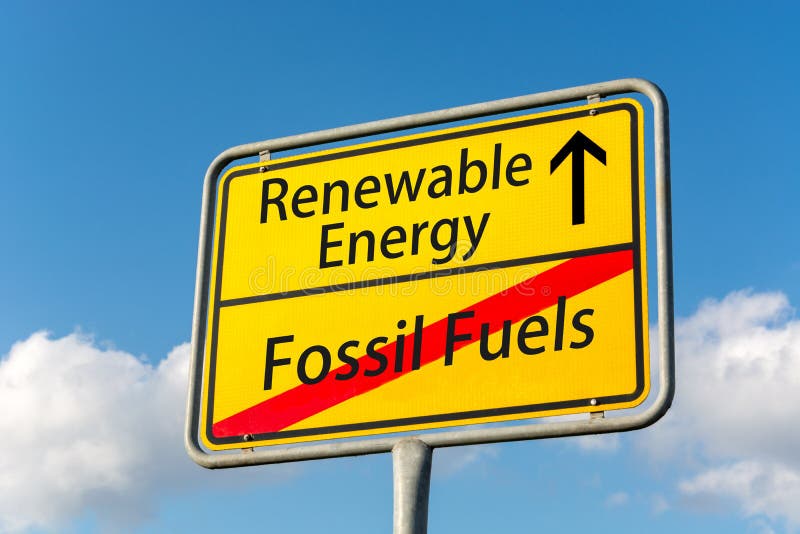 Gult gatatecken med förnybara energikällor som lämnar framåt fossil- fu