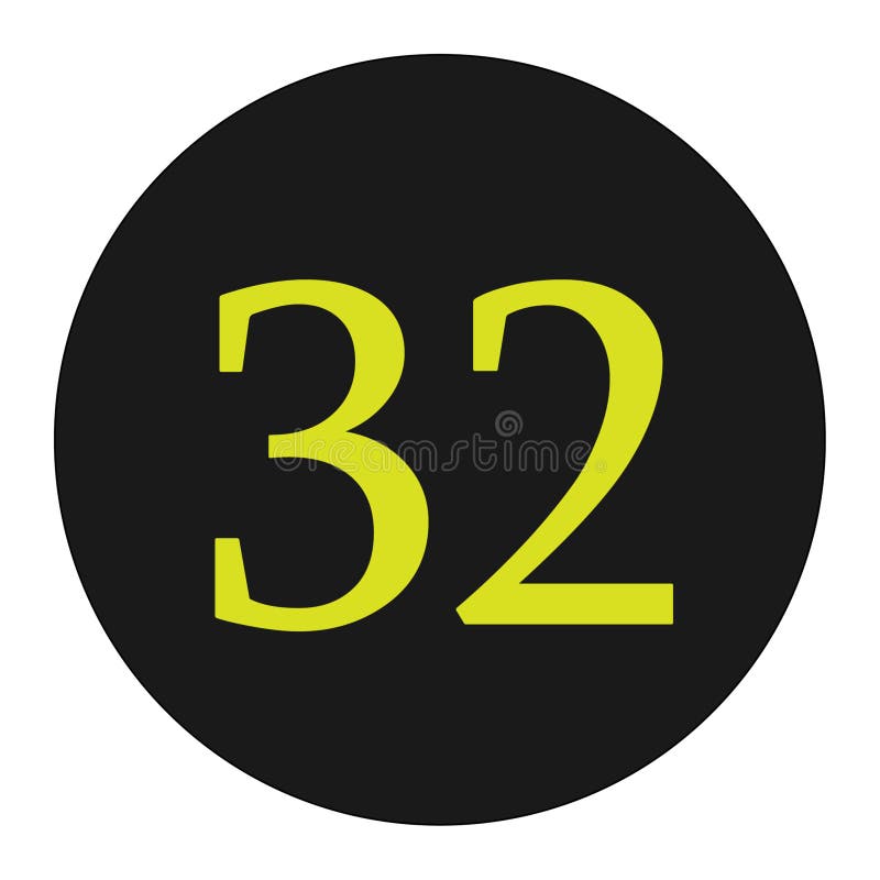 yellow number 32 with black round frame and white isolation background. yellow number 32 with black round frame and white isolation background