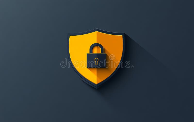 Gult skydd svart, inbäddat hänglås på mörk bakgrund som symboliserar krypterad nätsäkerhet för cybersäkerhet stock illustrationer