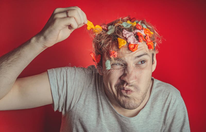 Gum in His Head. Portrait of Man with Chewing Gum in His Head. Man with Hair  Covered in Food Stock Image - Image of head, isolated: 130699655