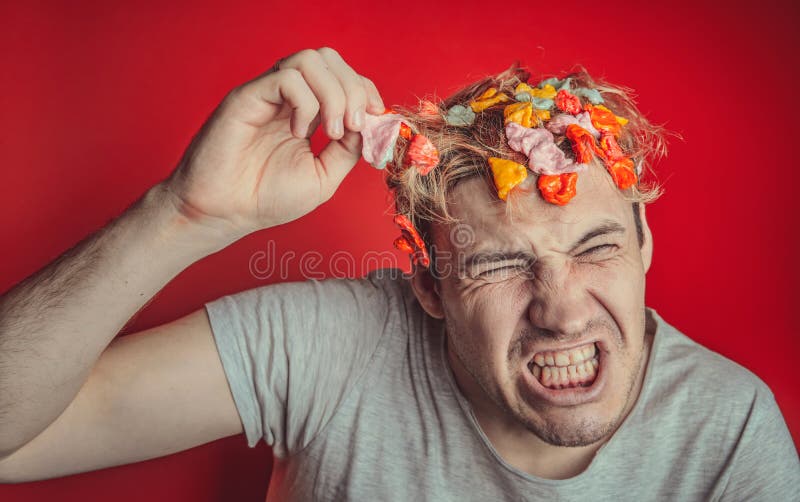 Gum in His Head. Portrait of Man with Chewing Gum in His Head. Man with Hair Covered in Food Stock Image - Image of background, covered: 130699549 Gum in His Head. Portrait of Man with Chewing Gum in His Head. Man with Hair Covered in Food Stock Image - Image of background, covered: 130699549