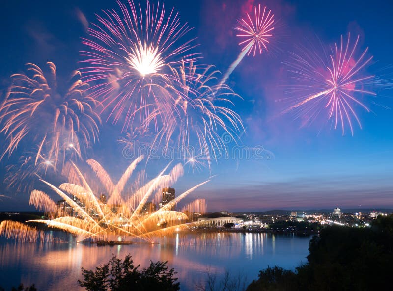 An image of some of the fireworks released over the Ottawa river with the Canadian Museum of Civilization and the Alexandra bridge. An image of some of the fireworks released over the Ottawa river with the Canadian Museum of Civilization and the Alexandra bridge