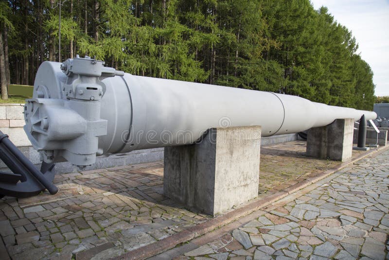 The gun barrel of a ship like a battleship 305 mm, USSR. Military equipment