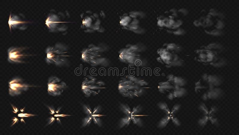 Gun flash effects. Realistic special effects steps of smoke clouds and shotgun fire, muzzle flash and explode. Vector