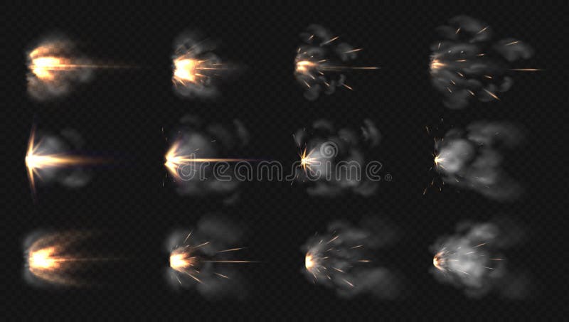 Gun flash. Realistic muzzle flash and shotgun fire and smoke special effects isolated on transparent background. Vector