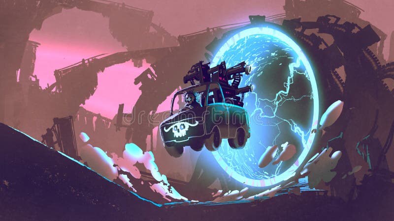 Gun truck drives through futuristic tunnel royalty free illustration