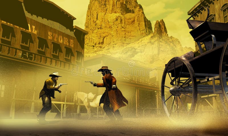 In an old western street, under the wind removing the sand, the confrontation between two cowboys. In an old western street, under the wind removing the sand, the confrontation between two cowboys.