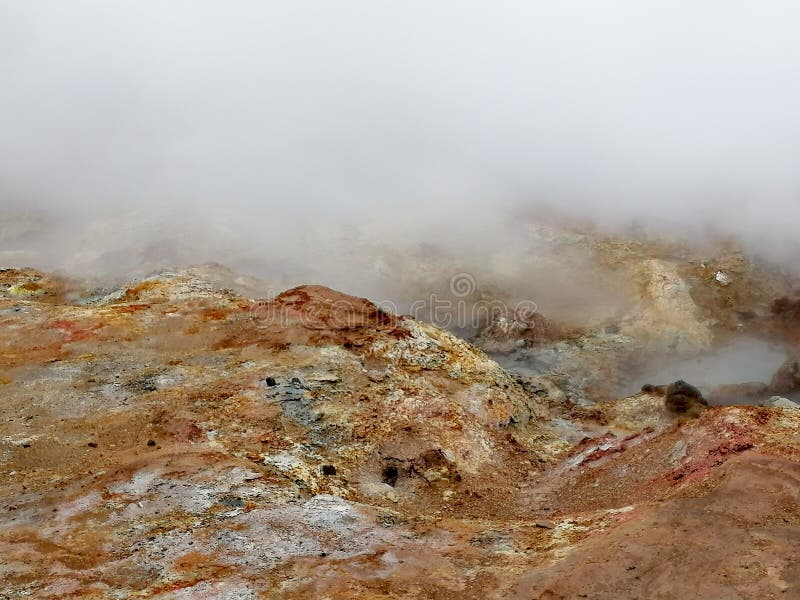 A group of vigorous mud pools and steam vents at Reykjanes. They change with time. The group partly formed after earthquakes in 1967. The name stems from a story about the vicious ghost Gunna who was lured into a vent and never seen again. A group of vigorous mud pools and steam vents at Reykjanes. They change with time. The group partly formed after earthquakes in 1967. The name stems from a story about the vicious ghost Gunna who was lured into a vent and never seen again.