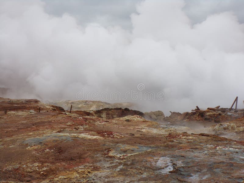 A group of vigorous mud pools and steam vents at Reykjanes. They change with time. The group partly formed after earthquakes in 1967. The name stems from a story about the vicious ghost Gunna who was lured into a vent and never seen again. A group of vigorous mud pools and steam vents at Reykjanes. They change with time. The group partly formed after earthquakes in 1967. The name stems from a story about the vicious ghost Gunna who was lured into a vent and never seen again.