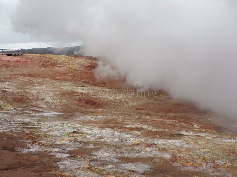 A group of vigorous mud pools and steam vents at Reykjanes. They change with time. The group partly formed after earthquakes in 1967. The name stems from a story about the vicious ghost Gunna who was lured into a vent and never seen again. A group of vigorous mud pools and steam vents at Reykjanes. They change with time. The group partly formed after earthquakes in 1967. The name stems from a story about the vicious ghost Gunna who was lured into a vent and never seen again.