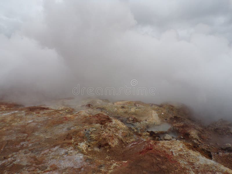 A group of vigorous mud pools and steam vents at Reykjanes. They change with time. The group partly formed after earthquakes in 1967. The name stems from a story about the vicious ghost Gunna who was lured into a vent and never seen again. A group of vigorous mud pools and steam vents at Reykjanes. They change with time. The group partly formed after earthquakes in 1967. The name stems from a story about the vicious ghost Gunna who was lured into a vent and never seen again.