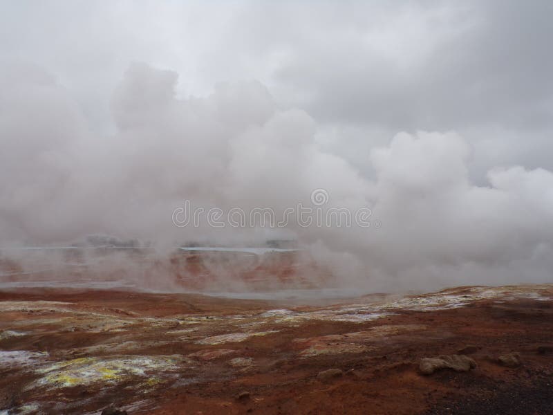 A group of vigorous mud pools and steam vents at Reykjanes. They change with time. The group partly formed after earthquakes in 1967. The name stems from a story about the vicious ghost Gunna who was lured into a vent and never seen again. A group of vigorous mud pools and steam vents at Reykjanes. They change with time. The group partly formed after earthquakes in 1967. The name stems from a story about the vicious ghost Gunna who was lured into a vent and never seen again.