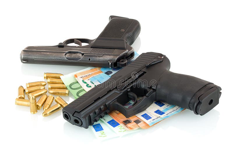 Guns, money, bullets isolated on white background with shadow reflection.
