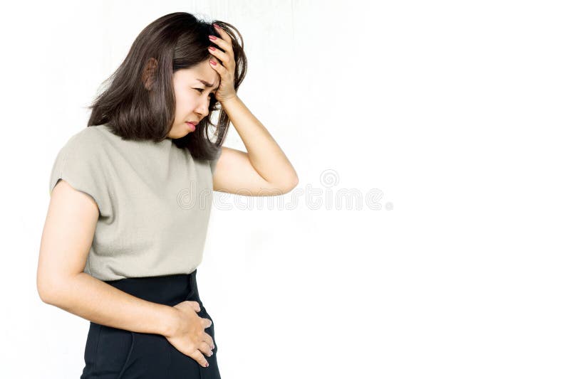 Gut-Brain Axis with anxiety Asian woman have problems with stomachache, digestion systems, irritable bowel syndrome ( IBS