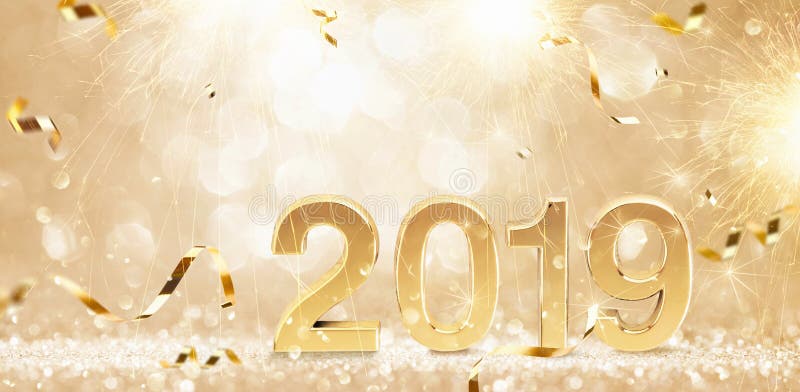 Guten Rutsch ins Neue Jahr 2019 Goldener Hintergrund mit Konfettis lizenzfreies stockfoto Guten Rutsch ins Neue Jahr 2019 Goldener Hintergrund mit Konfettis lizenzfreies stockfoto