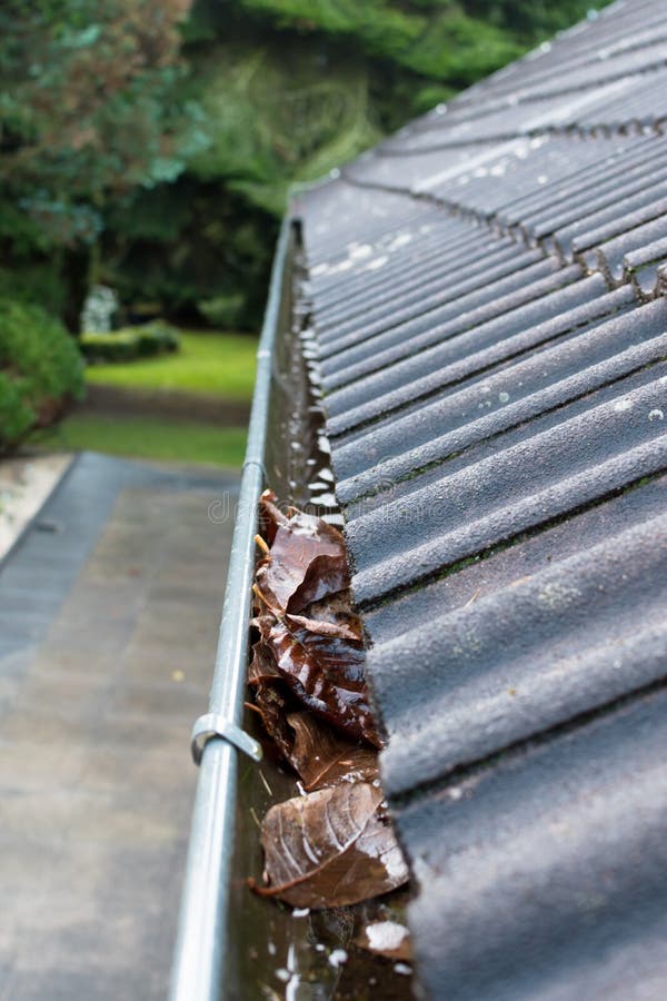 Gutter blocked by leaves stock photography