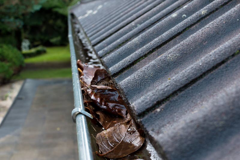 Gutter blocked by leaves royalty free stock photography