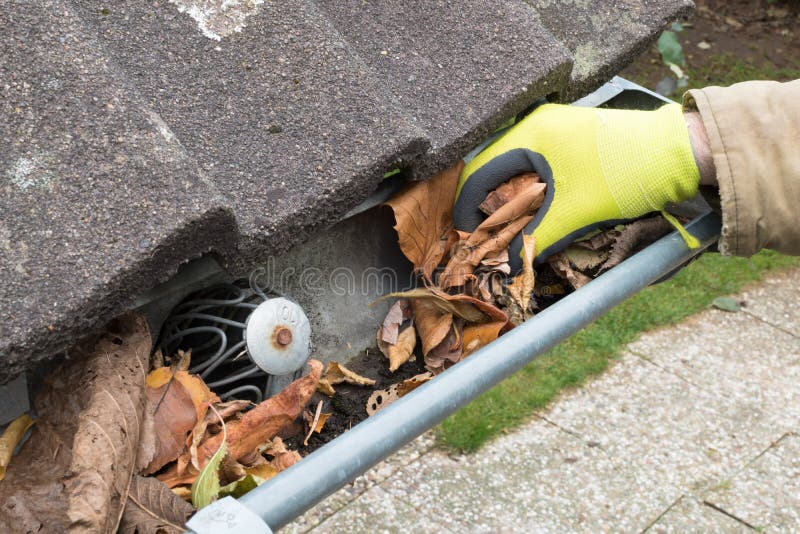 Man is cleaning the gutter stock photos