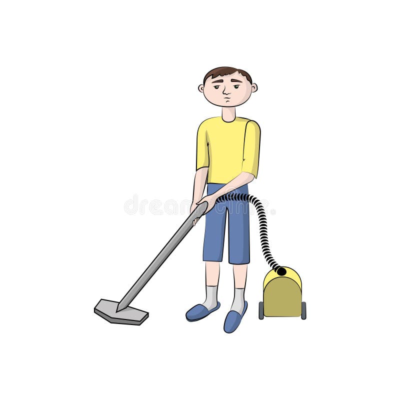 Guy, boy man with the vacuum cleaner. Vector color illustration. stock illustration