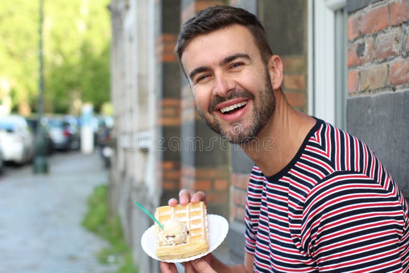 Guy Enjoying a Waffle with Vanilla Ice Cream Stock Image - Image of ...