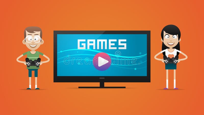 Guy and girl playing video games royalty free illustration