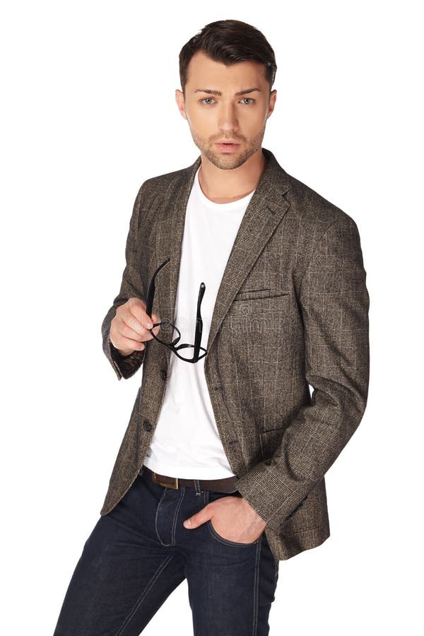 The Guy in Jeans, White Tshirt, Jacket and Glasses Stock Photo Image