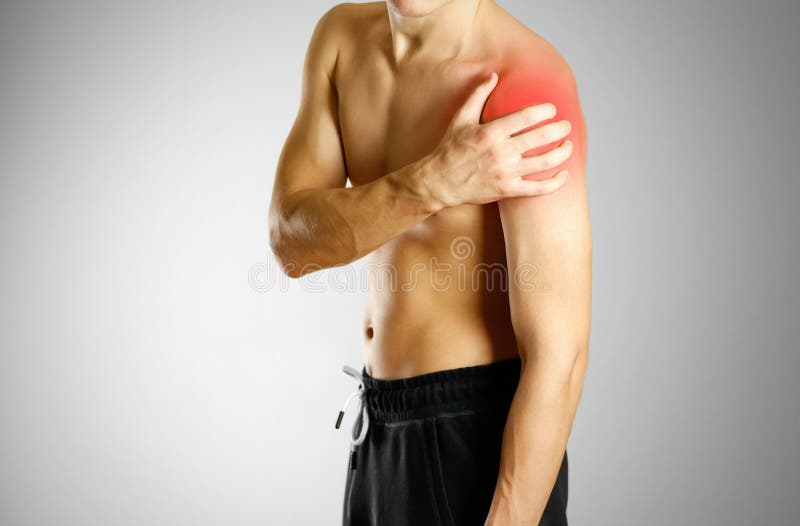 The guy with no shirt holding hand of the sore shoulder. The location of the pain marked in red