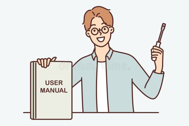 Guy with screwdriver shows book with inscription user manual recommending use educational literature vector illustration