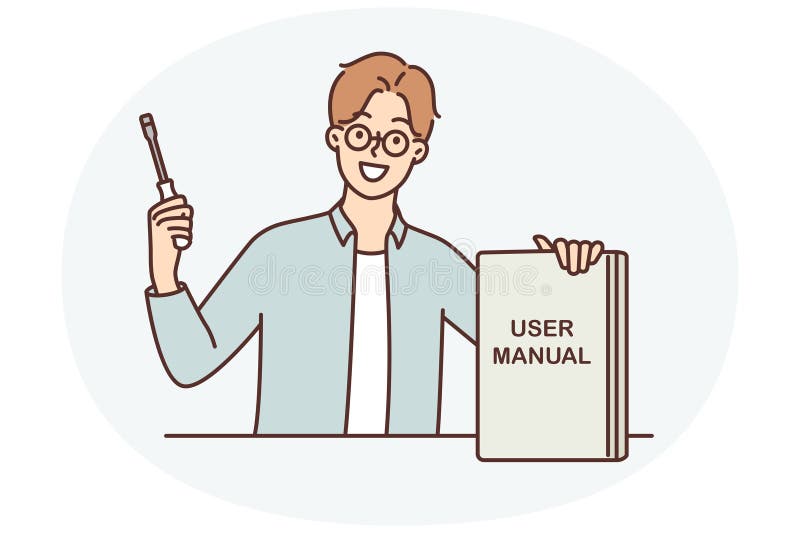 Guy with screwdriver shows book with inscription user manual recommending use educational literature stock illustration