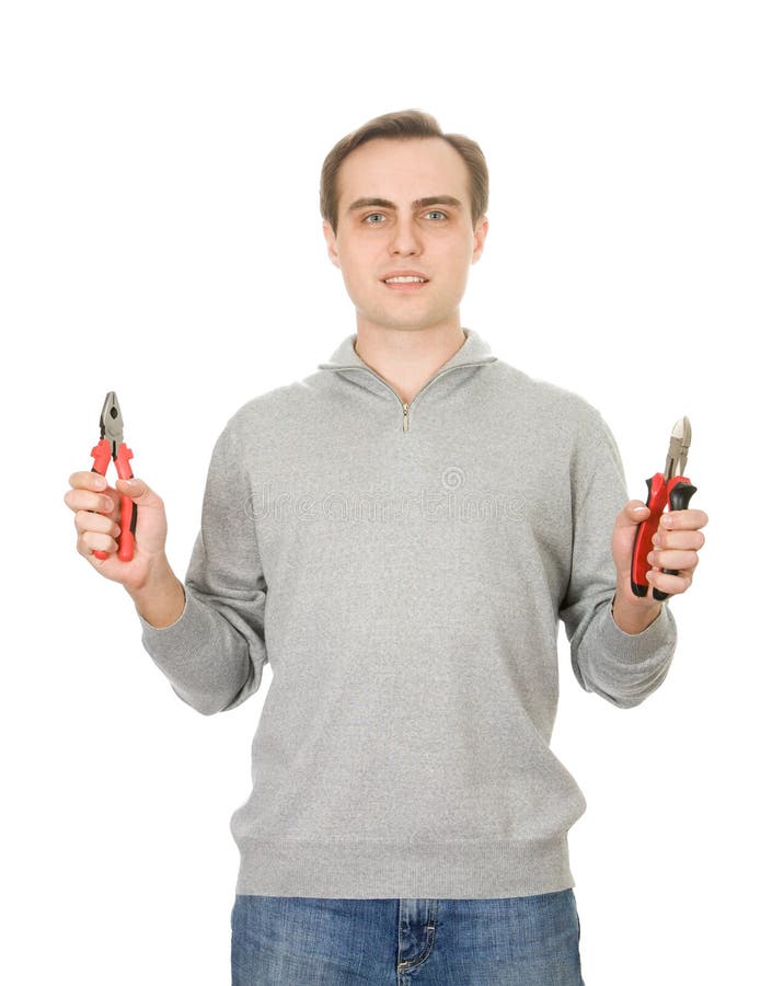 Guy with a set of pliers. Isolated on white.