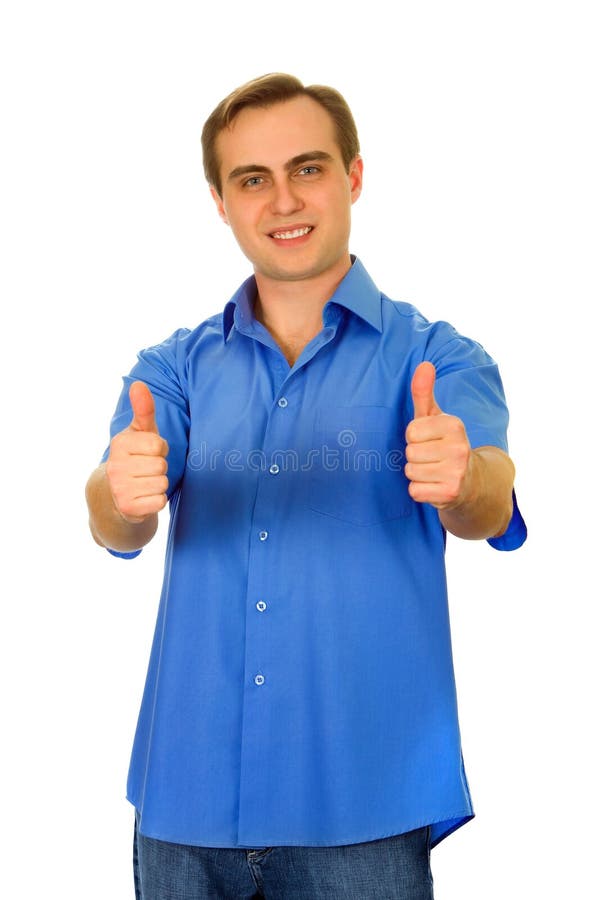 Guy showing two thumbs up. Isolated on white.