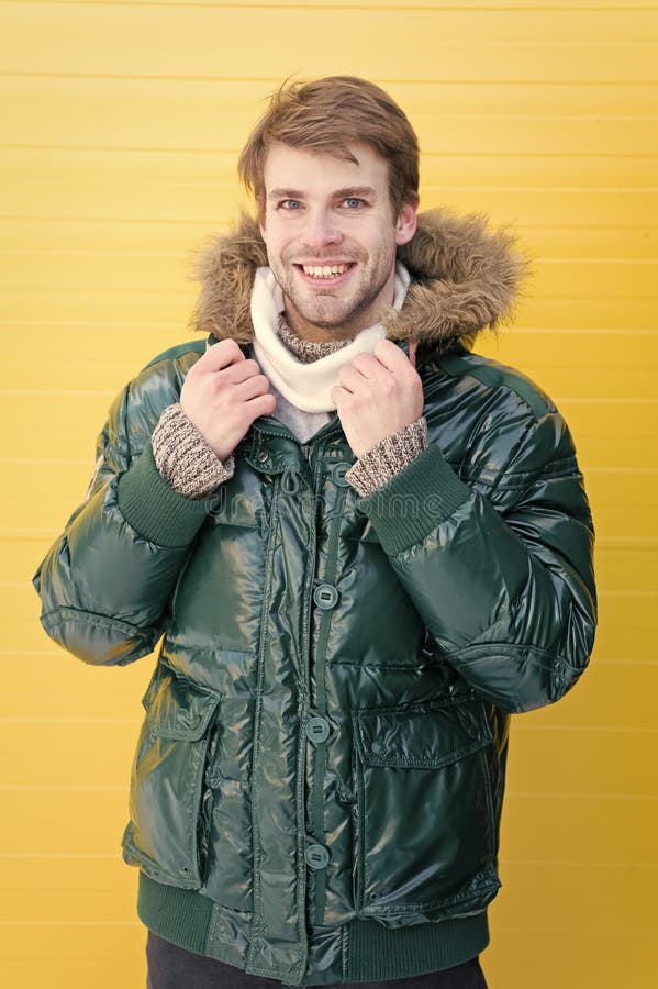 Guy Wear Warm Jacket with Hood. Feel Comfortable in Warm Clothing. Keep ...