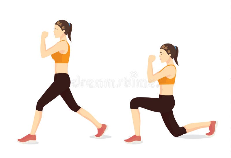 Guía ilustrada del ejercicio por la mujer sana que hace entrenamiento de las estocadas en 2 pasos libre illustration Guía ilustrada del ejercicio por la mujer sana que hace entrenamiento de las estocadas en 2 pasos libre illustration