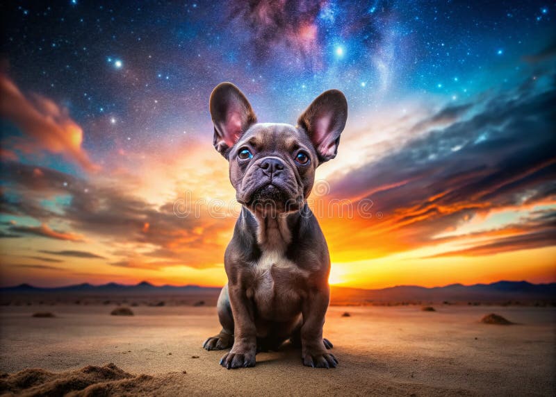 Gwiaździsta Noc Serenada Francuska Puppy Buldog Gapi się na Drodze Mlecznej w pustynnym świetle ilustracji