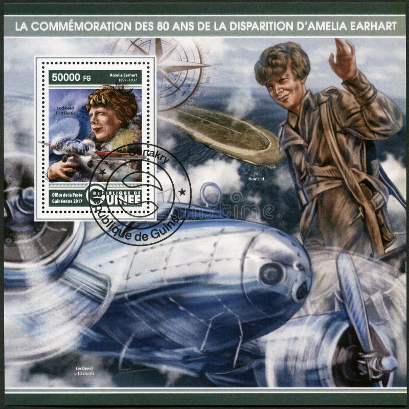 GWINEA - 2017: pokazuje Amelię Mary Earhart 1897-1937, pionier lotnictwa amerykańskiego obrazy royalty free GWINEA - 2017: pokazuje Amelię Mary Earhart 1897-1937, pionier lotnictwa amerykańskiego obrazy royalty free