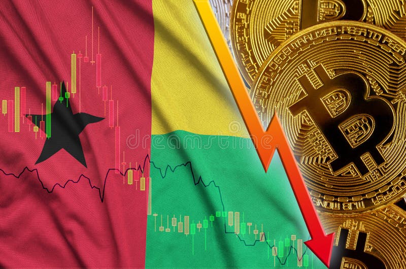 Gwinei Bissau cryptocurrency i flagi spada trend z wiele złotymi bitcoins zdjęcie stock Gwinei Bissau cryptocurrency i flagi spada trend z wiele złotymi bitcoins zdjęcie stock